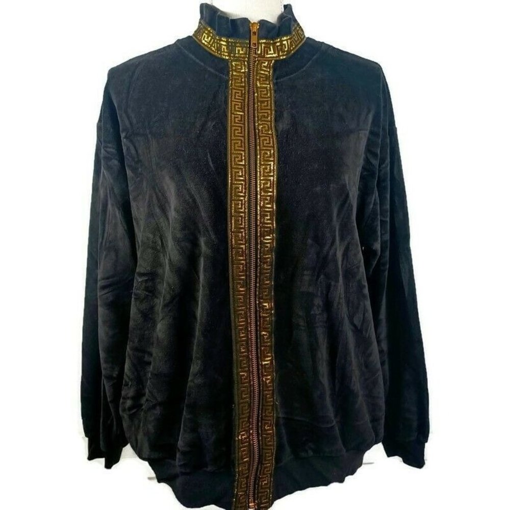 Vintage SK Sport Velour Jacket Medium Black -70s -Gold Greek Accent -Zip Up